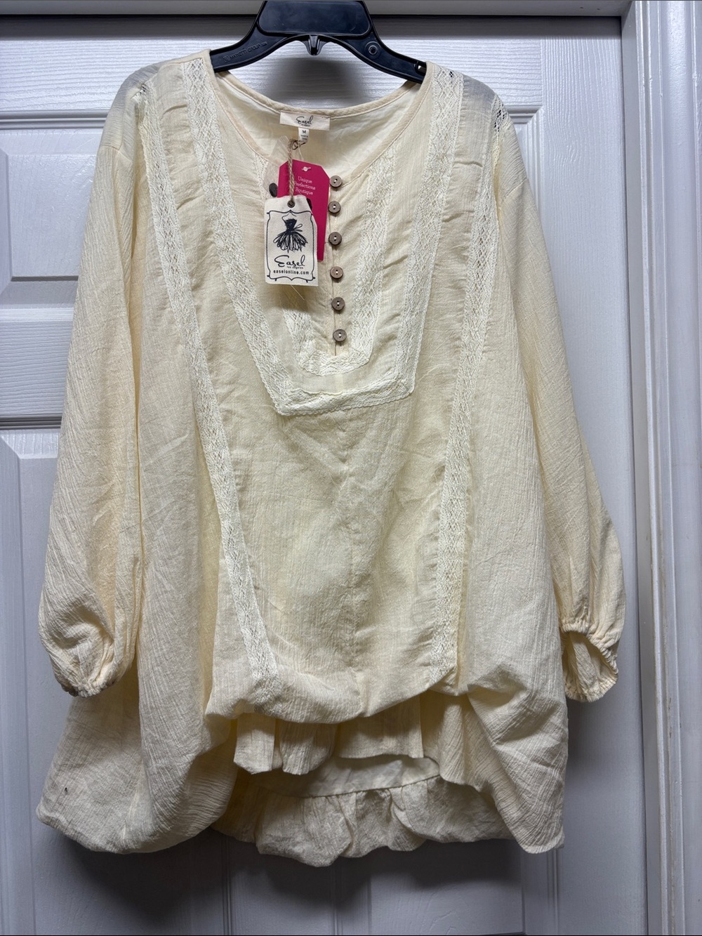 Easel Henley Cream Lace-Trim Button Front Tunic Bubble Hem Lined Medium New